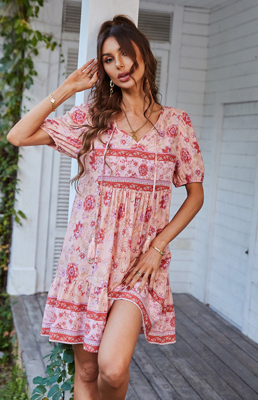 Floral Bohemian V-Neck Dress – Puff Sleeves, Short Sleeve, Spring-Summer Casual