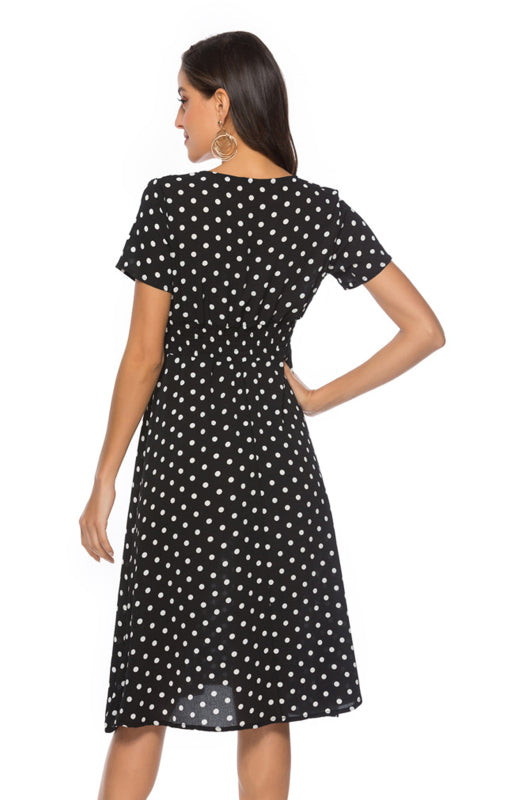 Retro Polka Dot V-Neck Short Sleeve Midi Dress – Spring Summer Classic