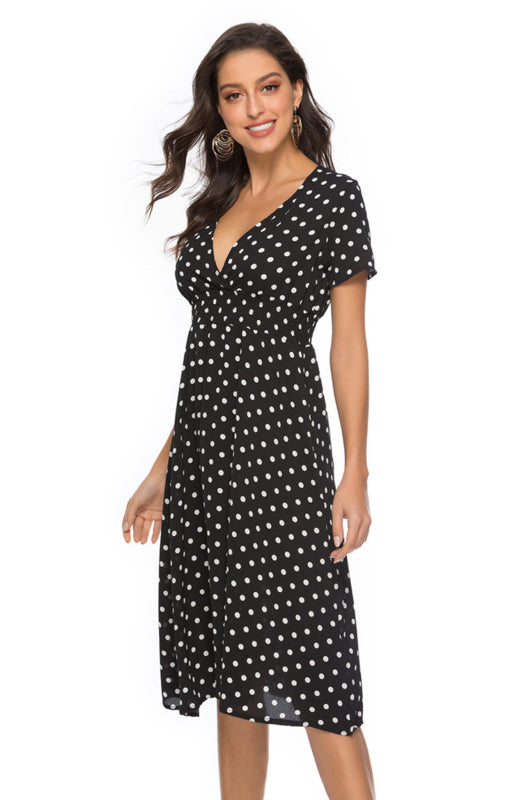 Retro Polka Dot V-Neck Short Sleeve Midi Dress – Spring Summer Classic