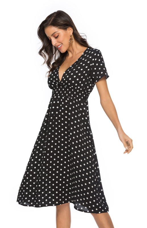 Retro Polka Dot V-Neck Short Sleeve Midi Dress – Spring Summer Classic