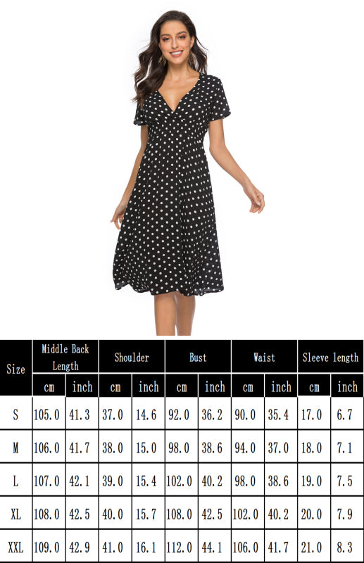 Retro Polka Dot V-Neck Short Sleeve Midi Dress – Spring Summer Classic
