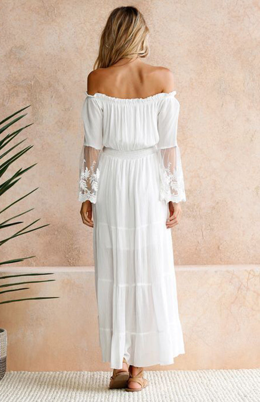 One-Shoulder Lace Dress with Flared Sleeves – Cotton Blend, Spring Resort Style