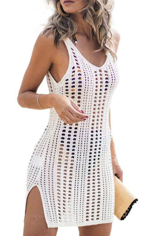 Knitted Hollow Tank Top Blouse – Sleeveless Resort Style with Round Neck