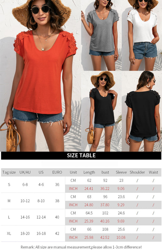 Women's Casual Lace Stitched V-Neck Pullover Short Sleeve Tops