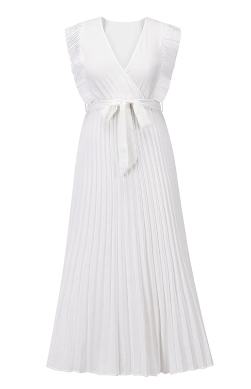 Retro Chiffon Dress with Lotus Leaf Sleeves – V-Neck & Pleated Skirt