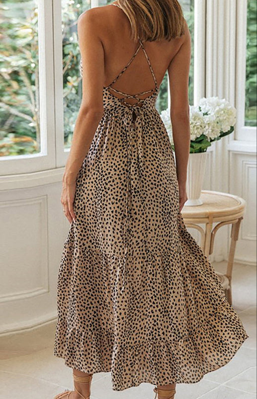 Leopard V-Neck Halter Swing Dress – Sleeveless, High-Waist, Tie-Up Back