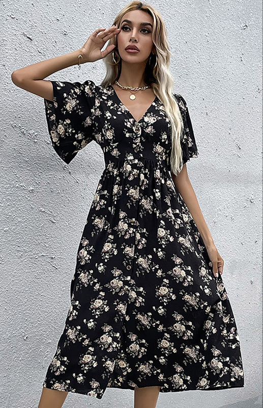 Women's Floral V-Neck Midi Dress – Short Lotus Sleeves & High Waist