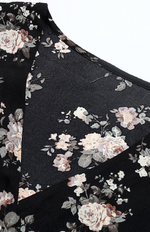 Women's Floral V-Neck Midi Dress – Short Lotus Sleeves & High Waist