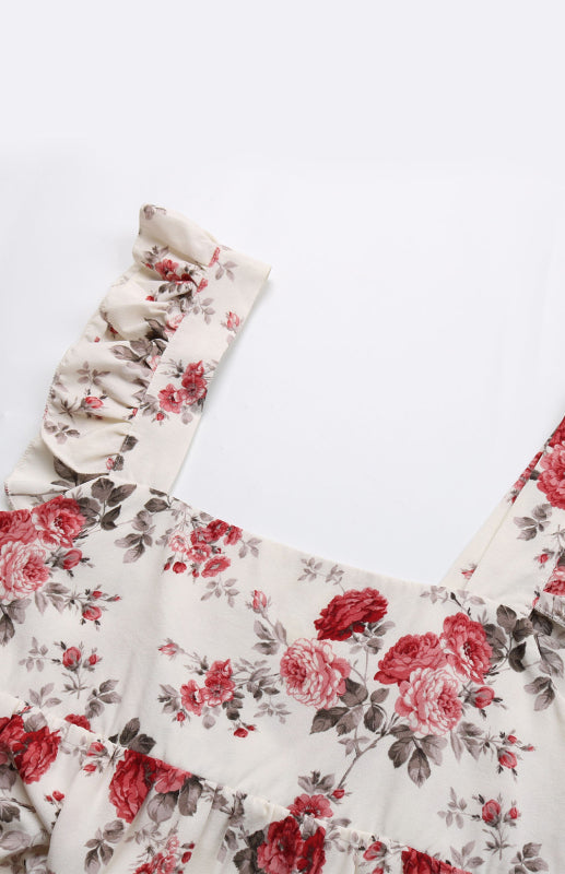 Chiffon Floral Ruffle Slip Dress – High Waist Square Neck Summer Look