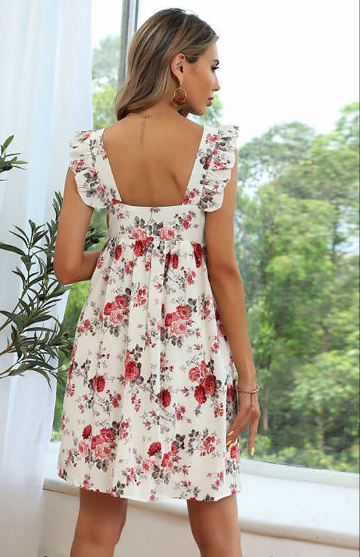 Chiffon Floral Ruffle Slip Dress – High Waist Square Neck Summer Look