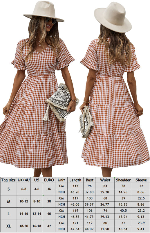 Plaid Short Sleeve Swing Midi Dress – Spring-Summer Lightweight Elegance
