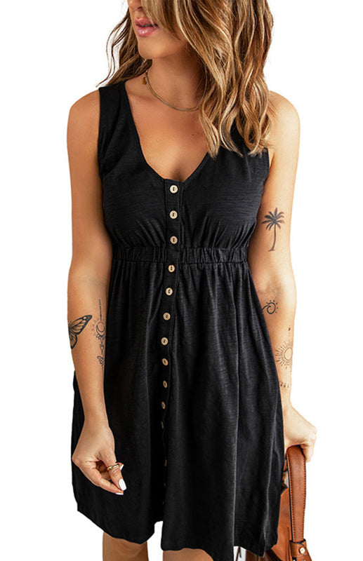 Casual V-Neck Sleeveless A-Line Dress – Button Front & Stretch Waist