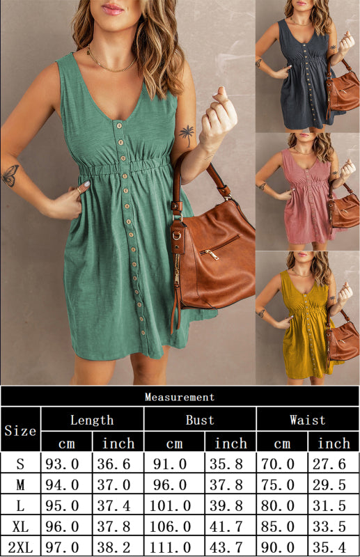 Casual V-Neck Sleeveless A-Line Dress – Button Front & Stretch Waist