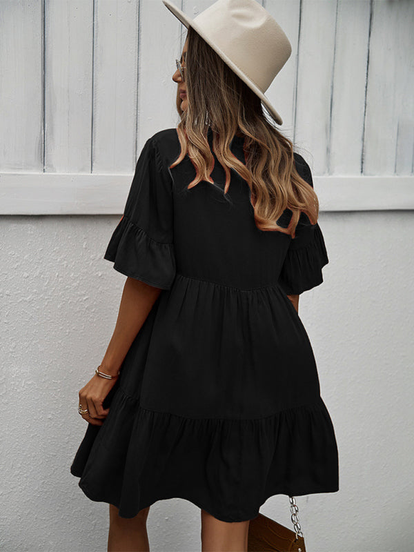 Solid Color Tiered Viscose Dress – Short Sleeve Casual Midi for Spring & Summer