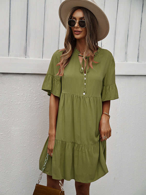 Solid Color Tiered Viscose Dress – Short Sleeve Casual Midi for Spring & Summer
