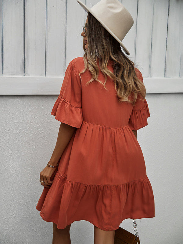 Solid Color Tiered Viscose Dress – Short Sleeve Casual Midi for Spring & Summer