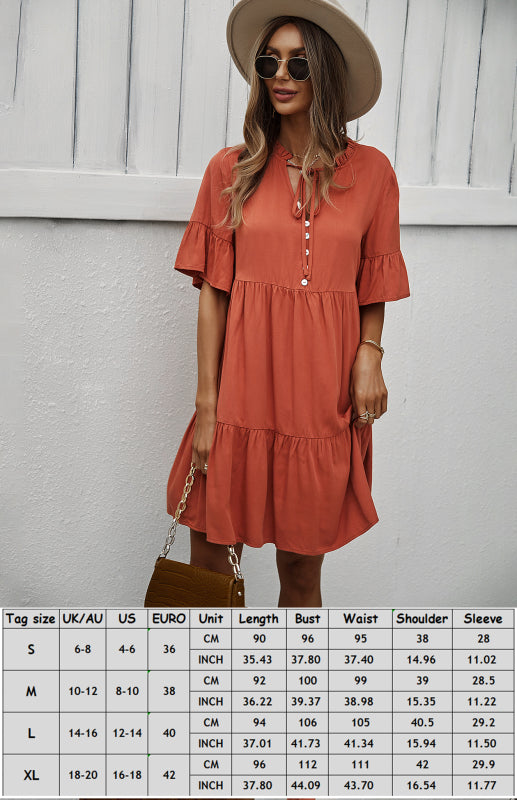 Solid Color Tiered Viscose Dress – Short Sleeve Casual Midi for Spring & Summer