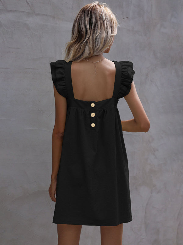 Sleeveless Cotton-Linen Ruffle Mini Dress – Square Neck Summer Casual
