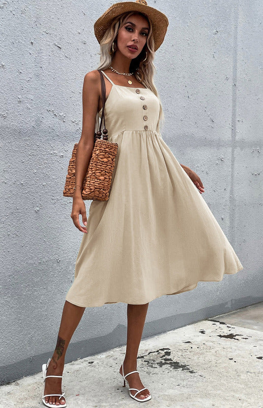 Slim Fit Sleeveless Cotton Linen Midi Dress – Button-Down A-Line Style
