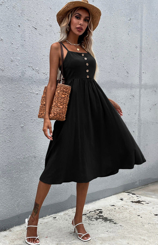 Slim Fit Sleeveless Cotton Linen Midi Dress – Button-Down A-Line Style