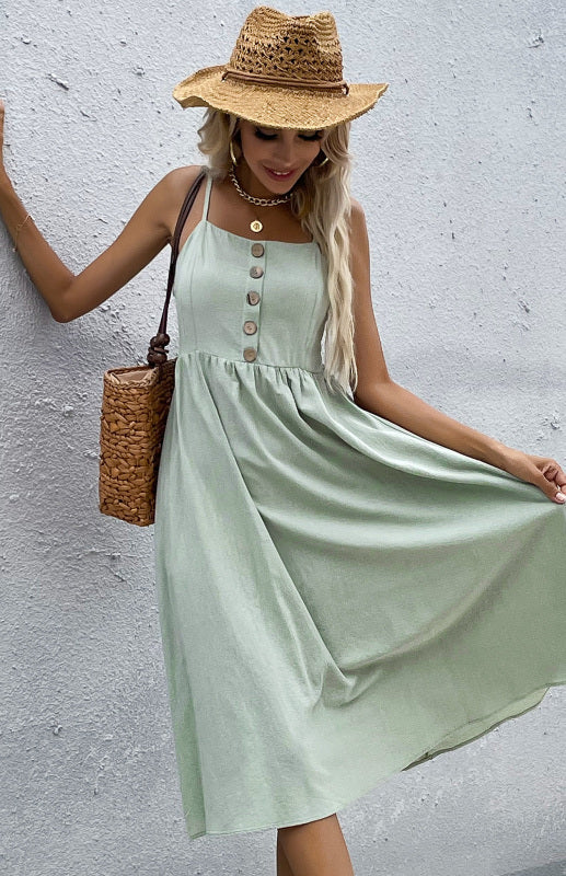 Slim Fit Sleeveless Cotton Linen Midi Dress – Button-Down A-Line Style