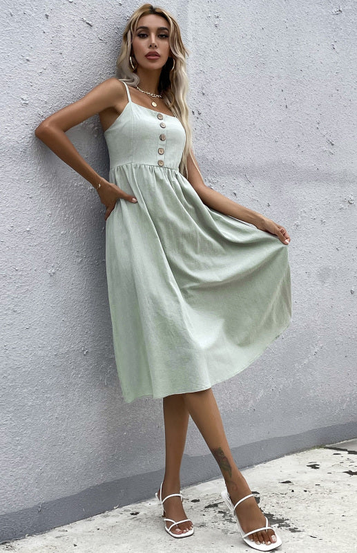 Slim Fit Sleeveless Cotton Linen Midi Dress – Button-Down A-Line Style