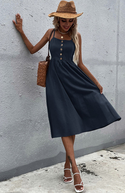 Slim Fit Sleeveless Cotton Linen Midi Dress – Button-Down A-Line Style