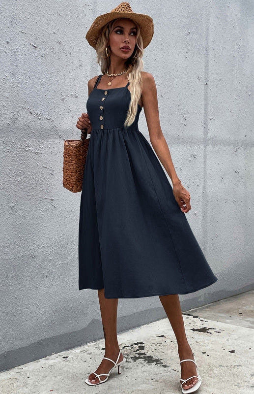 Slim Fit Sleeveless Cotton Linen Midi Dress – Button-Down A-Line Style