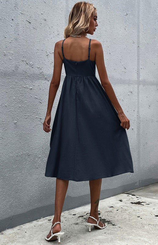 Slim Fit Sleeveless Cotton Linen Midi Dress – Button-Down A-Line Style