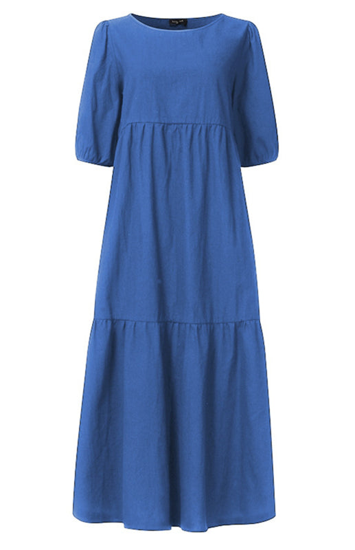 Linen Puff Sleeve Babydoll Midi Dress – Round Neck, High Waist, Cotton