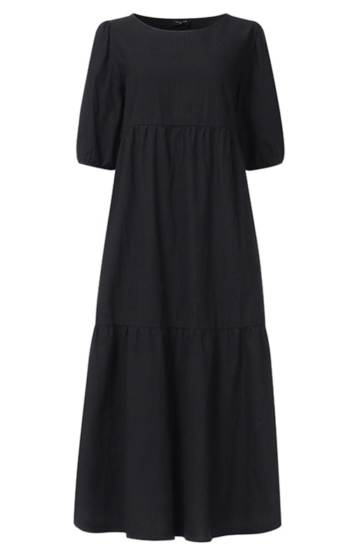 Linen Puff Sleeve Babydoll Midi Dress – Round Neck, High Waist, Cotton