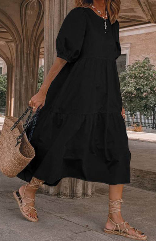 Linen Puff Sleeve Babydoll Midi Dress – Round Neck, High Waist, Cotton