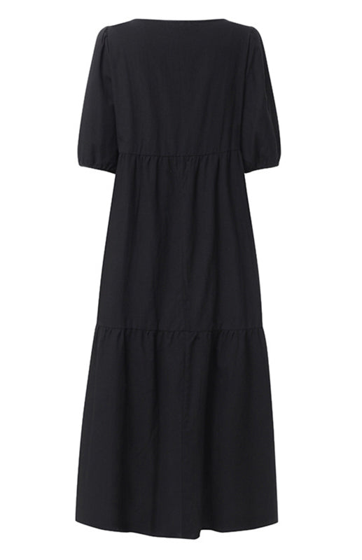 Linen Puff Sleeve Babydoll Midi Dress – Round Neck, High Waist, Cotton