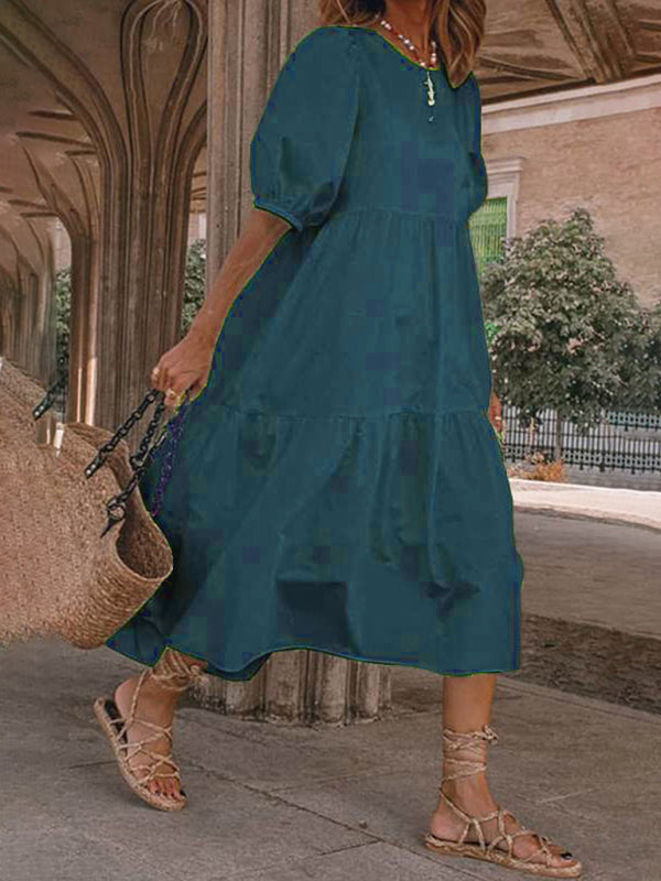 Linen Puff Sleeve Babydoll Midi Dress – Round Neck, High Waist, Cotton