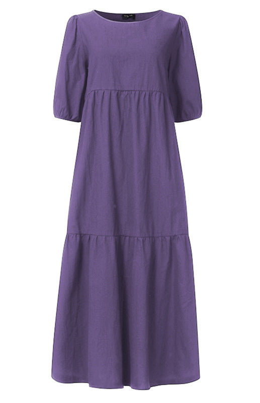 Linen Puff Sleeve Babydoll Midi Dress – Round Neck, High Waist, Cotton