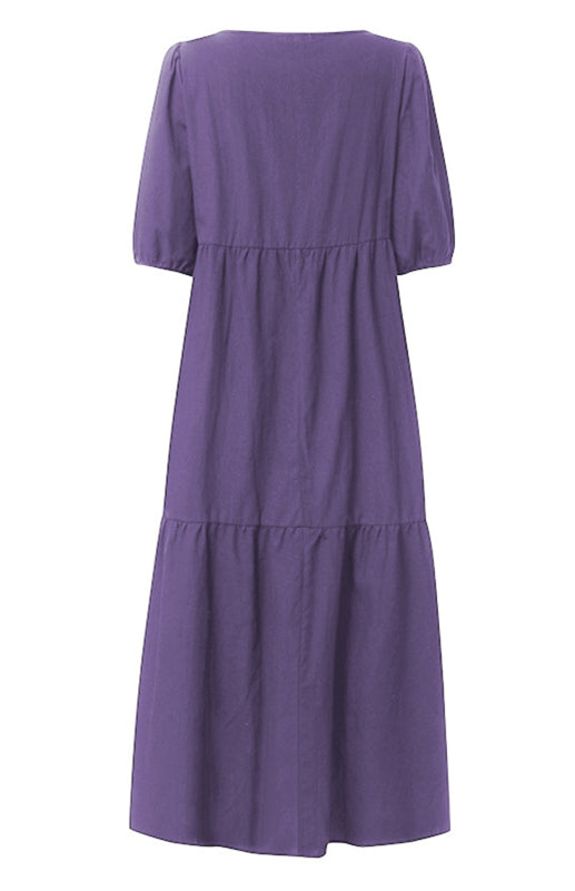Linen Puff Sleeve Babydoll Midi Dress – Round Neck, High Waist, Cotton