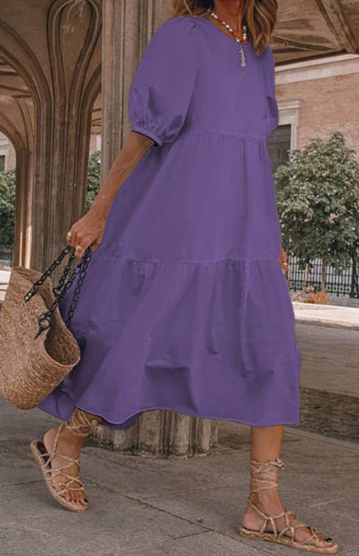 Linen Puff Sleeve Babydoll Midi Dress – Round Neck, High Waist, Cotton