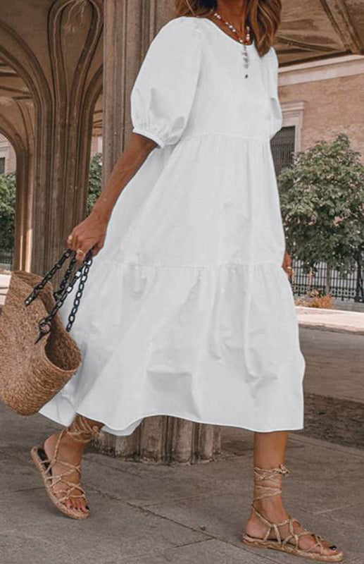 Linen Puff Sleeve Babydoll Midi Dress – Round Neck, High Waist, Cotton