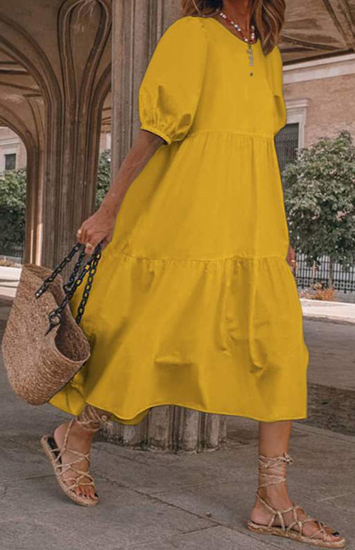 Linen Puff Sleeve Babydoll Midi Dress – Round Neck, High Waist, Cotton