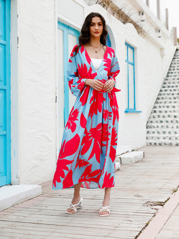 High-Waist Floral Print Maxi Dress – V-Neck Holiday Style