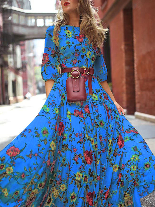 Bohemian Floral Print Holiday Dress – High Waist, 3/4 Sleeves, Woven