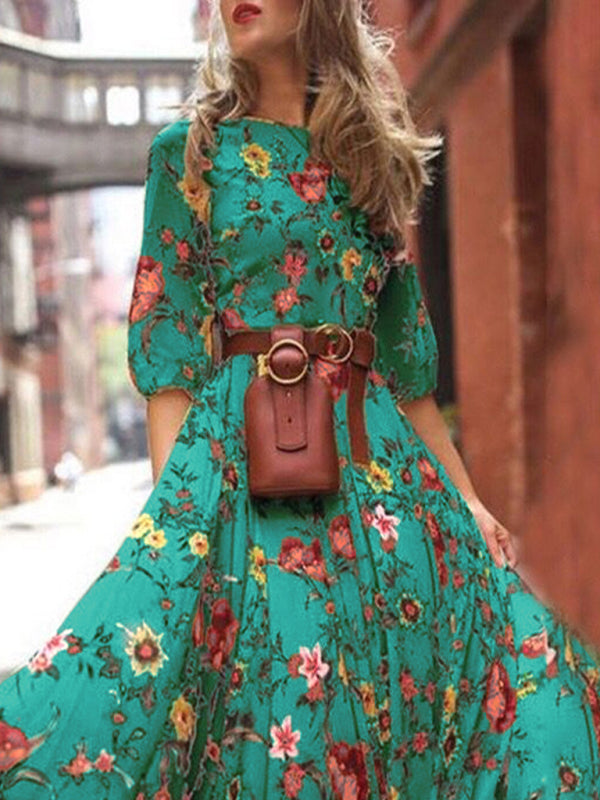 Bohemian Floral Print Holiday Dress – High Waist, 3/4 Sleeves, Woven