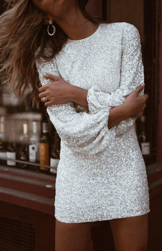 Sequin Embroidered Pencil Dress with Balloon Sleeves