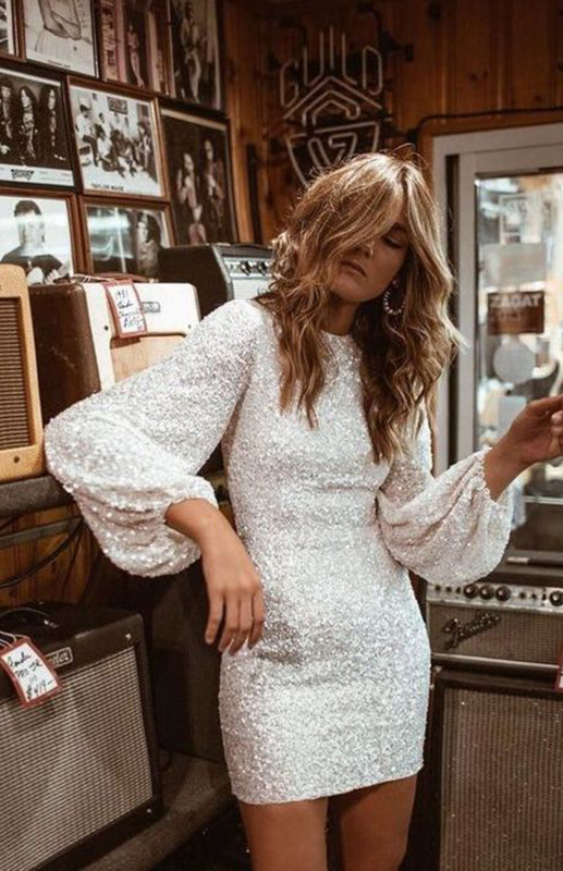 Sequin Embroidered Pencil Dress with Balloon Sleeves