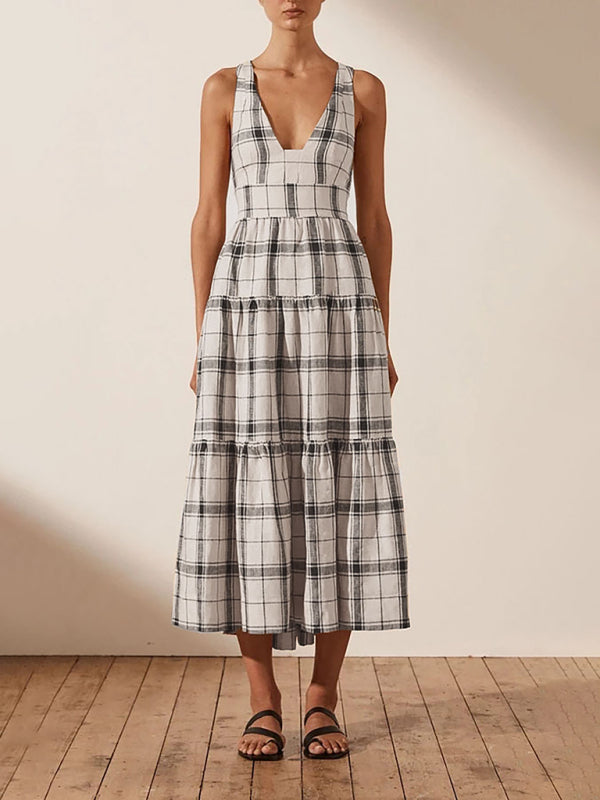 Retro Lattice Sleeveless Midi Dress – Deep V Neck & Open Back
