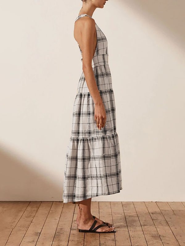 Retro Lattice Sleeveless Midi Dress – Deep V Neck & Open Back