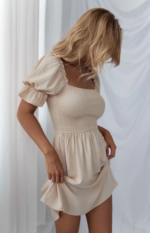 Square Collar Puff Sleeve Smocked Dress – Elegant Fit, Woven Fabric
