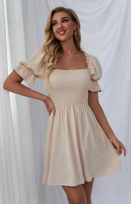 Square Collar Puff Sleeve Smocked Dress – Elegant Fit, Woven Fabric