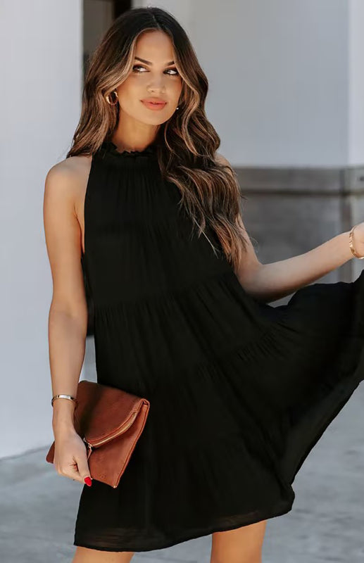 Solid Color Sleeveless Cotton Blend Dress – Loose Fit & Round Neck
