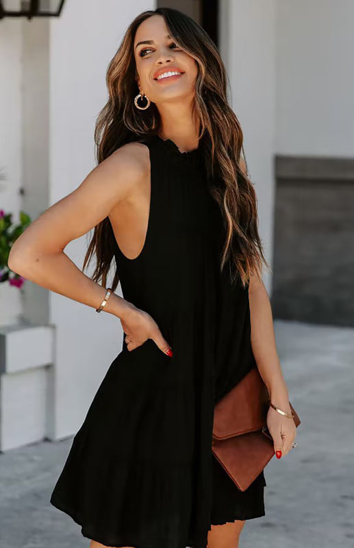 Solid Color Sleeveless Cotton Blend Dress – Loose Fit & Round Neck